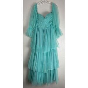 Faeriesty‎ Aqua Tulle Tiered Maxi Dress Sweetheart Puff Sleeve Prom Gown 1867